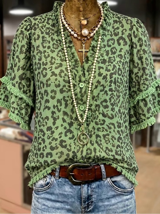 Cherry betty Tops - Cherry Betty Leopard Print Ruffle Neck Frayed Hem Top - Size Small New Shirt